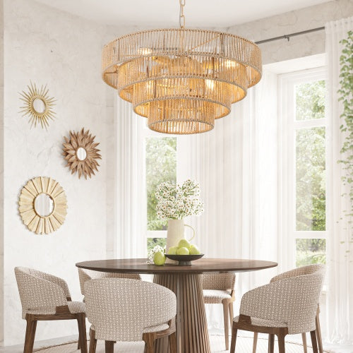 19.7" Bohemian Rattan Chandelier | 4-Layer Woven Pendant Light for Dining Room & Kitchen