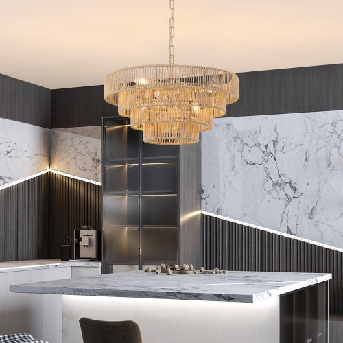 19.7" Bohemian Rattan Chandelier | 4-Layer Woven Pendant Light for Dining Room & Kitchen