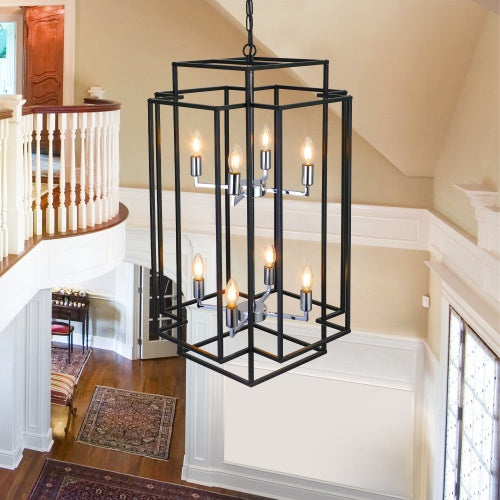 8-Light Industrial Lantern Chandelier | Black & Chrome Farmhouse Pendant for Foyer, Staircase & Living Room
